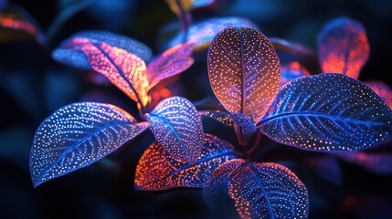 Wall Mural - Glowing leaves, night garden, vibrant colors, botanical background, nature wallpaper