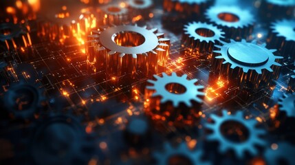Wall Mural - glowing gears meshing on circuit board, digital backdrop, technology concept (1)