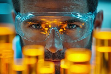 Aufkleber - Researcher analyzes bright yellow liquids in laboratory with safety goggles in a focused and intense manner