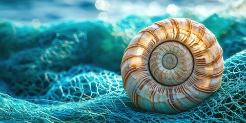 Small shell is sitting on a blue net