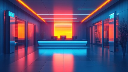 Sticker - Neon-lit futuristic lobby reception sunset backdrop