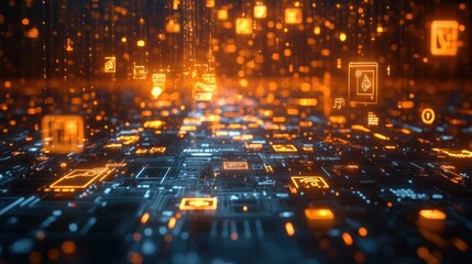 Wall Mural - digital data flow over circuit board, glowing icons falling, tech background, website banner