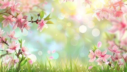 Naklejka na meble Spring Meadow with Cherry Blossoms and Soft Sunlight