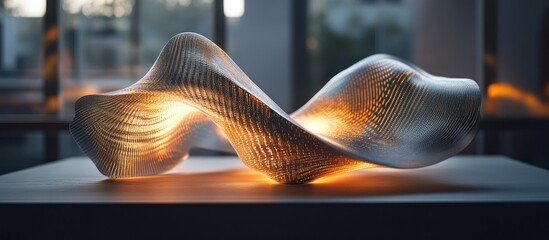 Sticker - Illuminated sculptural form on display, city backdrop