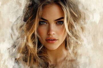 Leinwandbilder - Beautiful woman with flowing hair and striking features captured in a soft, artistic background