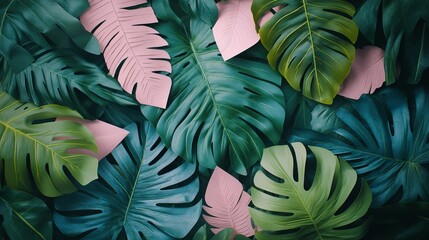 Wall Mural - A Lush Bunch of Vibrant Green Leaves Gracefully Arranged Against a Soft Pink Background Creating a Harmonious Contrast That Evokes a Fresh and Lively Atmosphere of Nature's Beauty