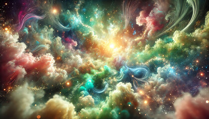 Wall Mural - A cosmic or dream-like environment surrounded by swirling, colorful mist and light particles with glowing nebula-like