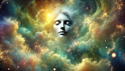 Wall Mural - A face with closed eyes, floating in a cosmic or dream-like environment