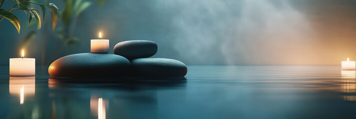 Poster - Relaxing spa atmosphere with smooth massage stones and soft candlelight inviting tranquility and peace. Generative AI