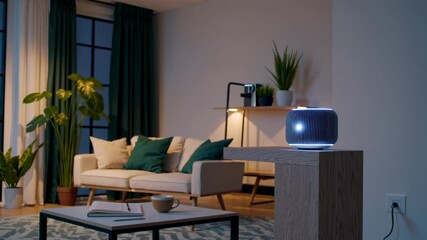 Poster - Stylish living room with modern decor, cozy sofa, and ambient lighting in a serene setting