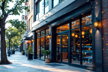 Wall Mural - Inviting street view of a modern restaurant with large glass windows and warm lights on a bustling urban street during daylight