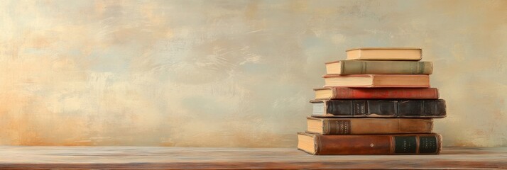 Poster - Stack of vintage books resting on a rustic wooden shelf against a blank textured background for creative applications. Generative AI