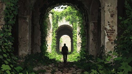 Wall Mural - Man Walking Through Overgrown Archway Surrounded by Greenery