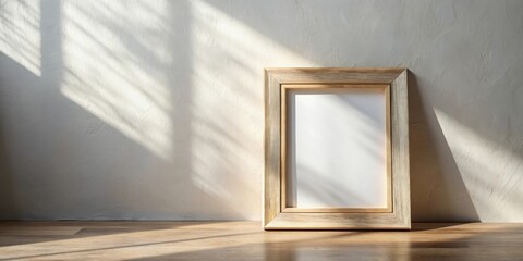 Poster - Empty wooden frame on a table in sunlight against a textured wall
