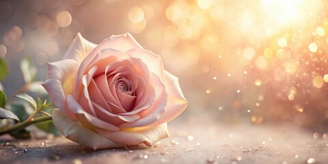 Wall Mural - A single blush pink rose rests gently on a shimmering surface, bathed in warm, golden light and bokeh