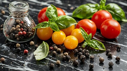 Poster - Fresh tomatoes, basil, peppercorns on marble. Food blog, recipe