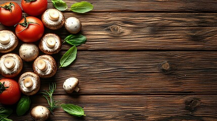 Poster - Fresh tomatoes, mushrooms, basil on wood. Recipe, cooking blog