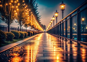 Wall Mural - Panoramic Night Walkway: Two Lights Guiding the Path - Stunning Generative AI Image