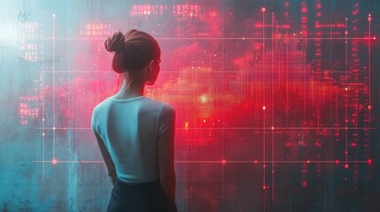 Wall Mural - Woman observes vibrant red digital data wall