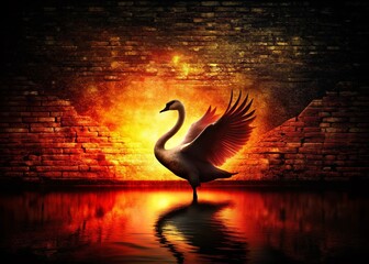 Wall Mural - Panoramic Silhouette of Elegant Swan Against Grunge Brick Wall