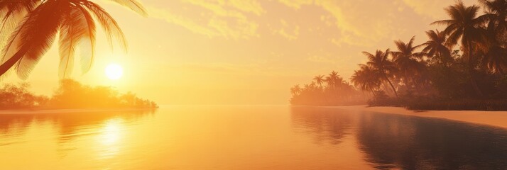 Aufkleber - Sunset over tropical lagoon with palm trees reflecting in calm water near beach. Generative AI
