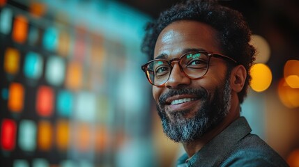 Sticker - Smiling man glasses bokeh background happy