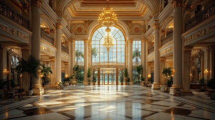 Wall Mural - Opulent grand hall, sunlit marble floors, golden details.