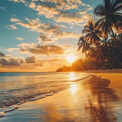 Fototapete - Sunset over tranquil beach with palm trees reflecting on calm waves near a tropical paradise. Generative AI