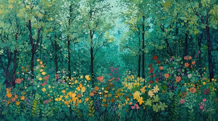 Wall Mural - Vibrant Forest Landscape with Colorful Flowers and Lush Greenery