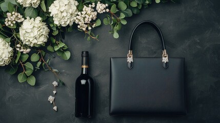 Canvas Print - Elegant Black Handbag with Wine Bottle and Floral Arrangement