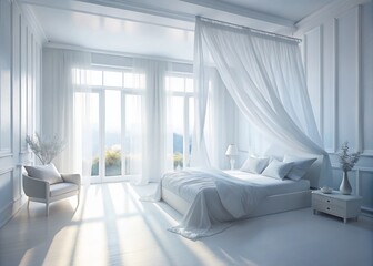 Wall Mural - Panoramic White Bedroom Interior: Airy Morning Breeze, Flowing Curtains, Minimalist Design