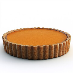 Wall Mural - Close-up of a smooth, orange-colored tart with a crimped, golden-brown crust against a plain white background.