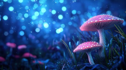 Poster - Enchanted Forest Scene with Colorful Mushrooms and Glowing Lights