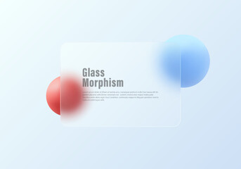 Wall Mural - Glass morphism website landing page template. Transparent glass partition with floating blue and red spheres. Abstract background vector.