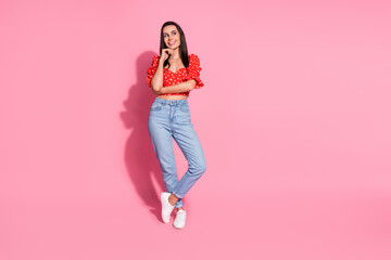 Wall Mural - Full body portrait of nice young lady look empty space wear top isolated on pink color background