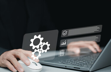 business process optimization. robotic process automation or rpa. engineer setting up automated soft