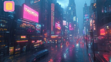 Wall Mural - Futuristic city street drenched in neon rain