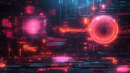 Futuristic digital interface glowing red and blue.