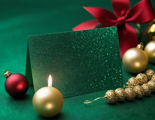 Wall Mural - A festive holiday scene featuring a blank green card, gold ornaments, and a candle with a deep green background.