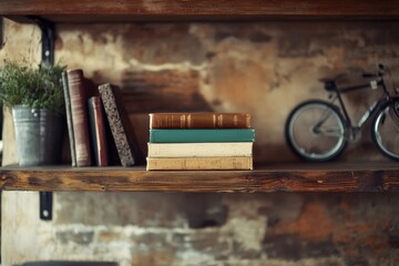 Leinwandbilder - Beautiful rustic wooden shelf showcasing a stack of books and decorative items in a cozy environment. Generative AI