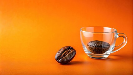 Canvas Print - Single roasted coffee bean beside a glass cup containing a single coffee bean in water on an orange background