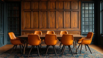 Canvas Print - Elegant dining room, rich wood, orange leather chairs