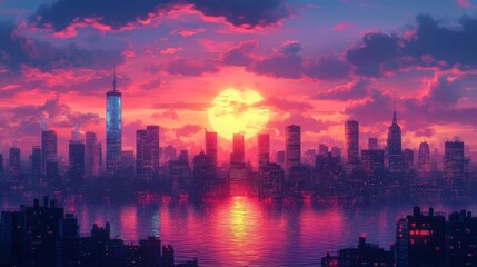 Wall Mural - City skyline sunset, vibrant pink hues, water reflection.