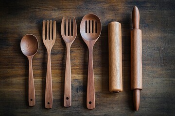 Wooden cooking utensils arranged on a rustic wooden surface showcasing culinary tools for home cooking