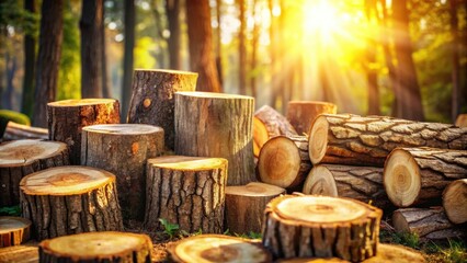 Poster - Sunlit Forest Scene with Stacked Tree Trunks and Cut Logs