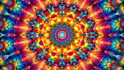 Leinwandbilder - Vibrant Kaleidoscopic Mandala of Interlocking Floral Patterns in a Spectrum of Warm and Cool Hues