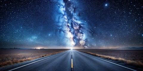Wall Mural - asphalt road leading towards a vibrant celestial display of stars and the milky way