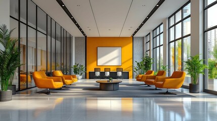 Wall Mural - Modern office lobby, yellow chairs, sunlit space