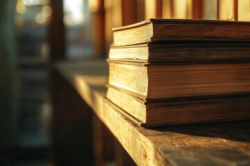 Fototapete - Books resting on a rustic wooden shelf with warm light illuminating a cozy reading space for relaxation. Generative AI