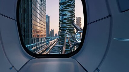 Poster - Innovative urban transportation design showcasing futuristic architecture at sunset in a bustling city